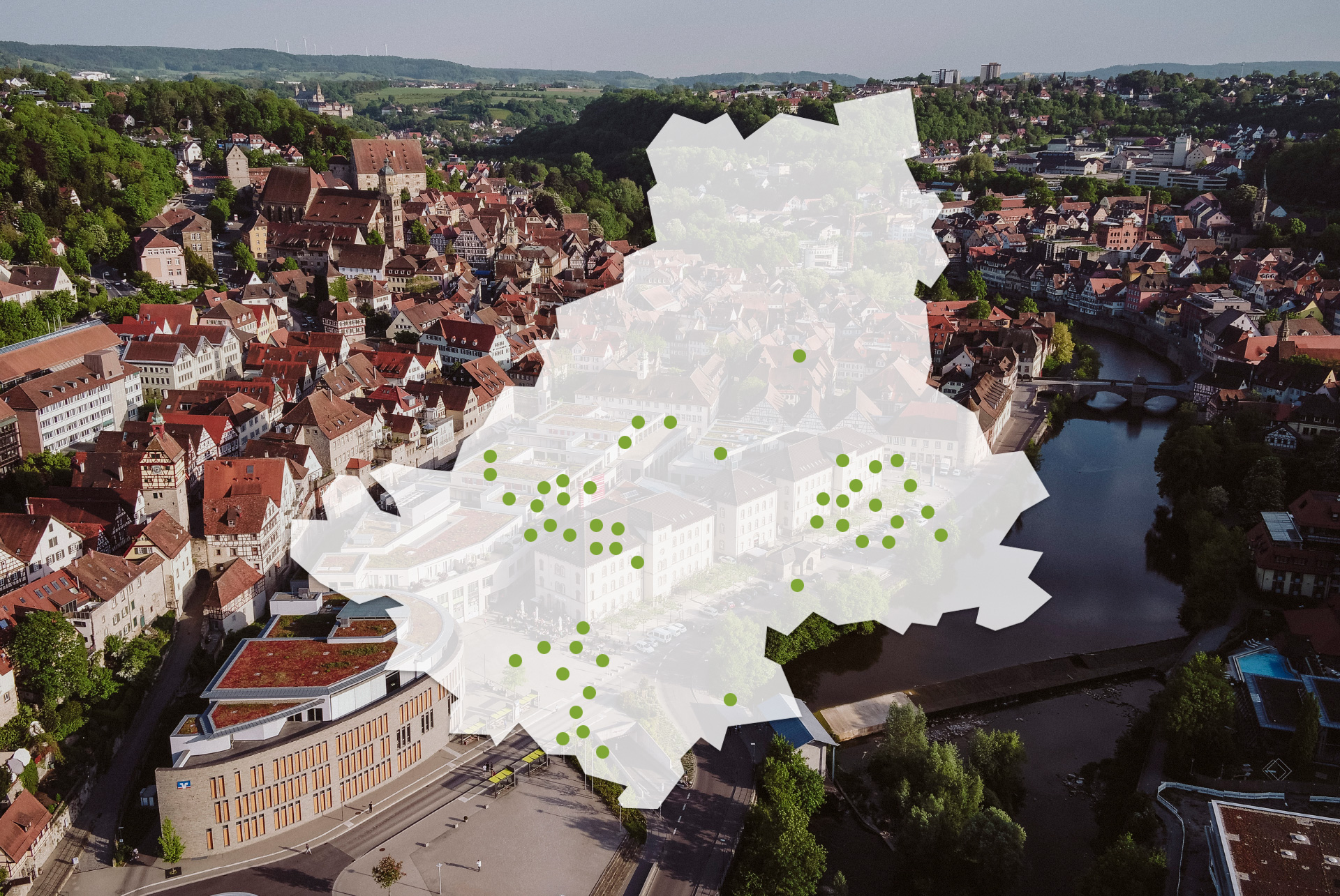 Luftaufnahme von Schwäbisch Hall mit eingezeichneter Karte und Einlösestellen als Punktmarkierungen